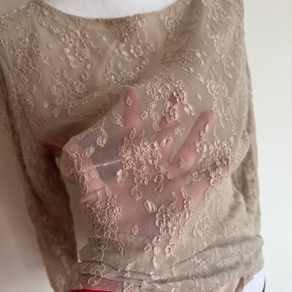 Jessica Holbrook Vintage Y2K Mesh Overlay Beige Long Sleeve Top Size Large - Picture 5 of 10